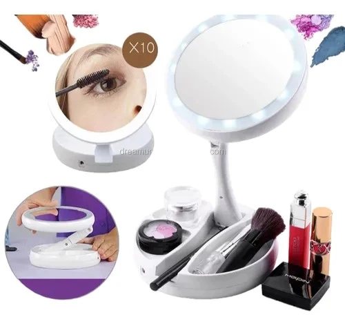 Espejo C/ Luz Y Aumento Plegable Maquillaje Plegable Jg-988