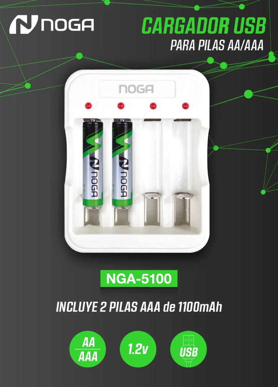CARGADOR DE PILAS USB + 2 PILAS AAA NOGA NGA-5100