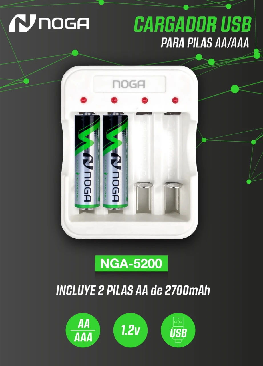 CARGADOR DE PILAS USB + 2 PILAS AA NOGA NGA-5200