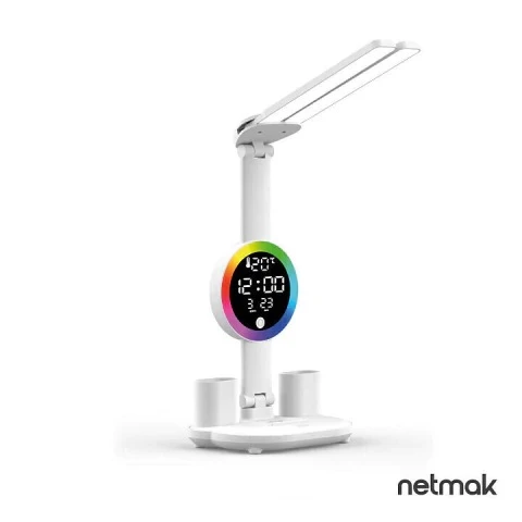Velador Led Doble multifuncional con Luz RGB - Batería recargable - (Lámpara + Cargador + Reloj + Fecha + Temperatura + Portalapices) NM-GLOW NETMAK