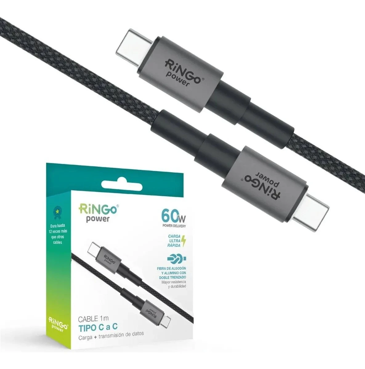 Cable Usb-c A Usb-c Mallado Ringo Carga Rápida 60w Negro