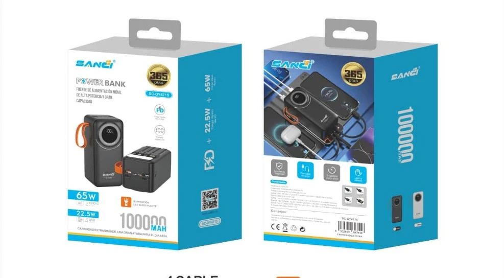 FUENTE DE ALIMENTACION 100000mah 22.5w+65w con 4 cable de carga mas 2 type c-4usb SANCI DY4715