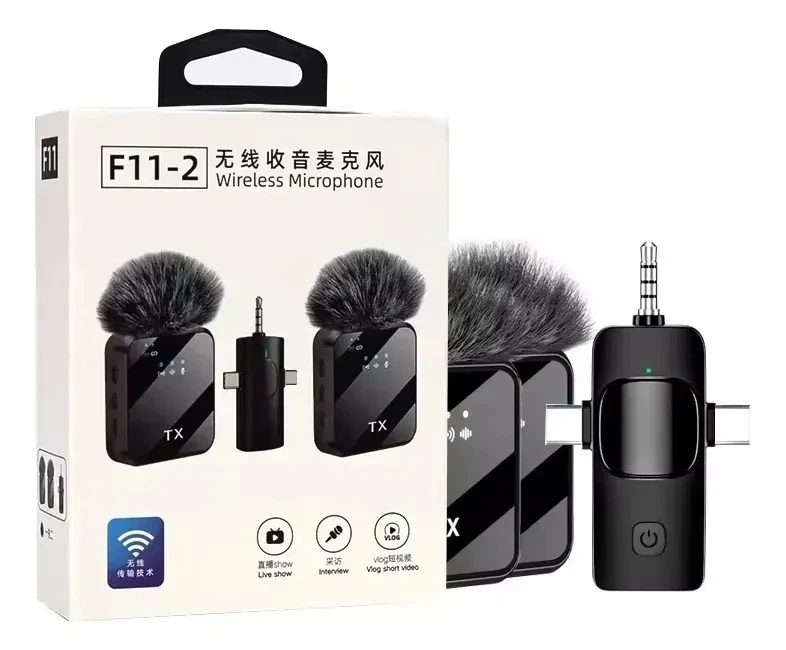 Micrófono F11-2  Inalámbrico Doble Con Receptor 3 En 1 Para Celular Negro