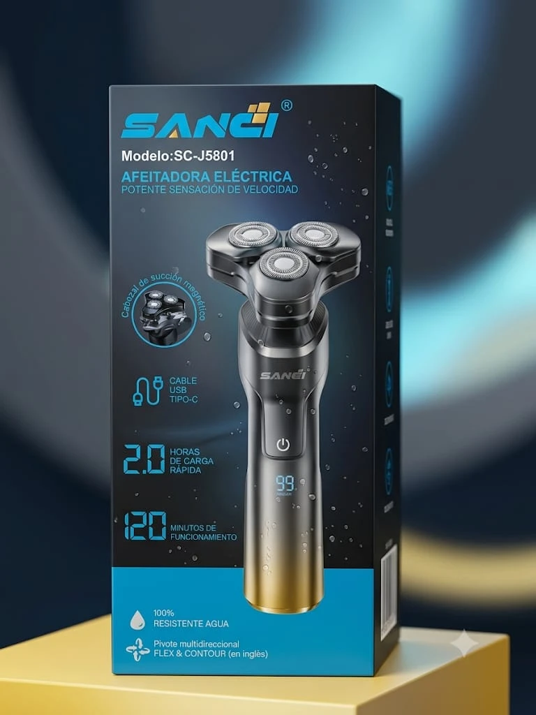 AFEITADO SUAVE, RÁPIDO Y POTENTE 💥 ⚡ Afeitadora Eléctrica SANCI – Modelo SC-J5801 ⚡ Diseñada para un afeitado eficiente, cómodo y sin irritaciones. 🔹 Características principales: 🪒 Sistema de 3 cabezales